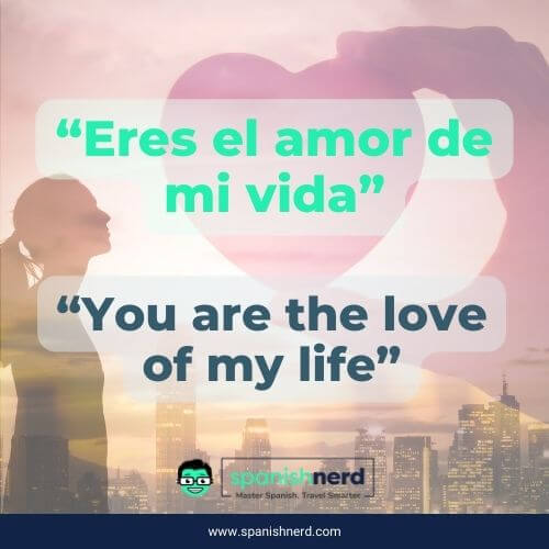 spanish phrase that means I love you that says eres el amor de mi vida and in the background there is a woman looking at a hand holding a heart above a landscape of a city
