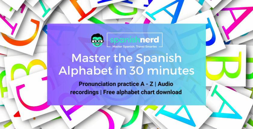 A colorful graphic of letters against a white background for an article meant to help spanish learners master the Spanish Alphabet in 30 minutes or less with spanish audio recordings and a Spanish alphabet chart download in this complete pronunciation guide to the alphabet in Spanish.