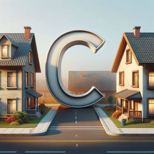 a picture of a Spanish C between two houses as if it were a normal neighbor to represent how the C sound changes depending on who it's letter neighbors are