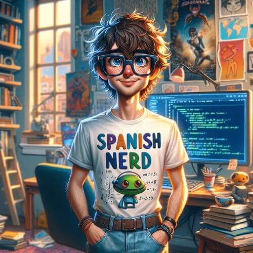 a cartoon of a young nerdy guy standing in his room with his hands in his pockets wearing glasses and a white shirt that says Spanish Nerd in colorful letters with a green alien below. In the background are books and a computer